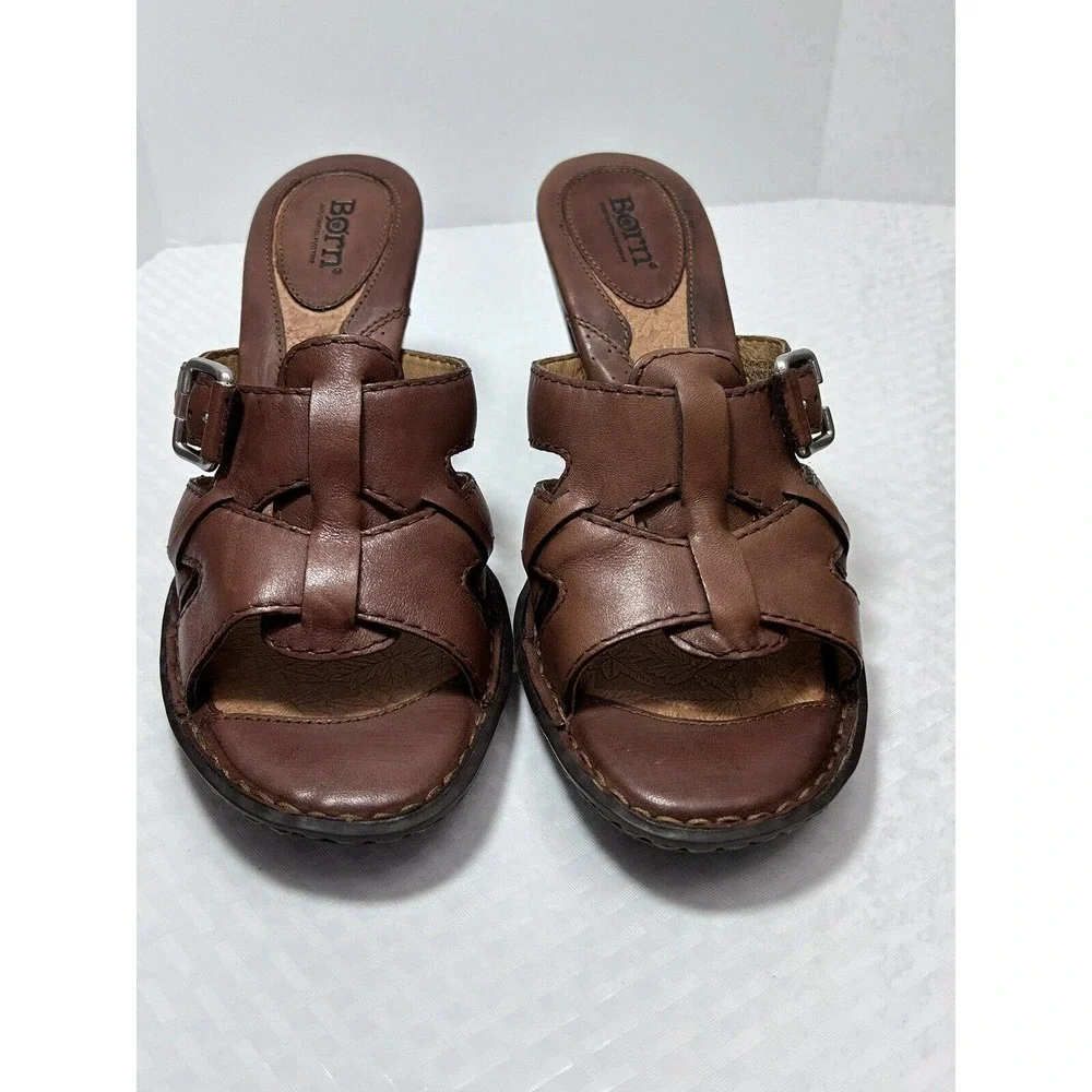 Born Lucia Dark Brown Leather Summer Slide Heel Size 10 M/W‎ Sandals